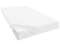 Een wit matrasbeschermer met een matras eronder.