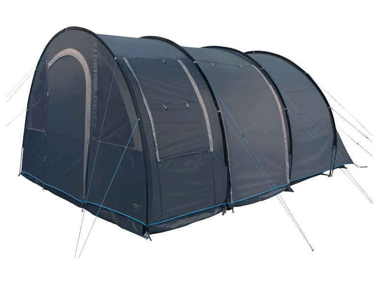 Une tente grise avec des accents bleus, idéale pour le camping.