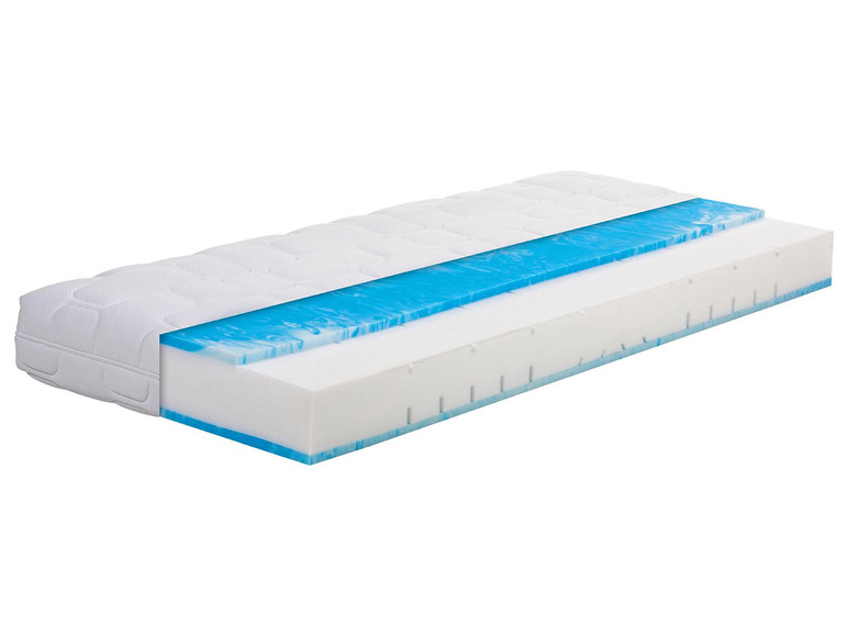 Une coupe transversale d'un matelas avec une couche de mousse bleue et une couche de mousse blanche.