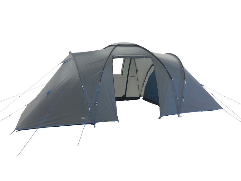 Een grijze tent met blauwe accenten voor kamperen.
