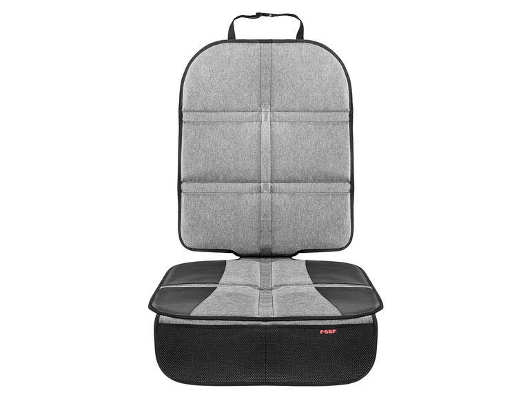 Un protège-siège de voiture gris avec des poches et un siège en cuir noir.
