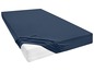 Een donkerblauwe hoeslaken over een matras.
