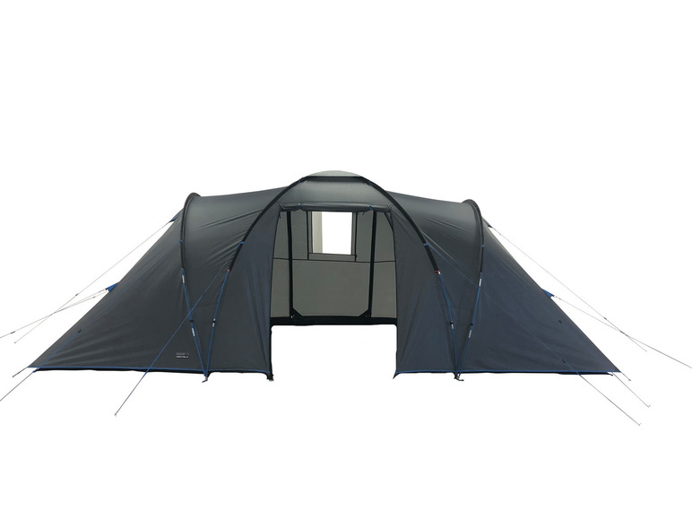 Een zwarte tent met blauwe accenten en een gaasvenster.