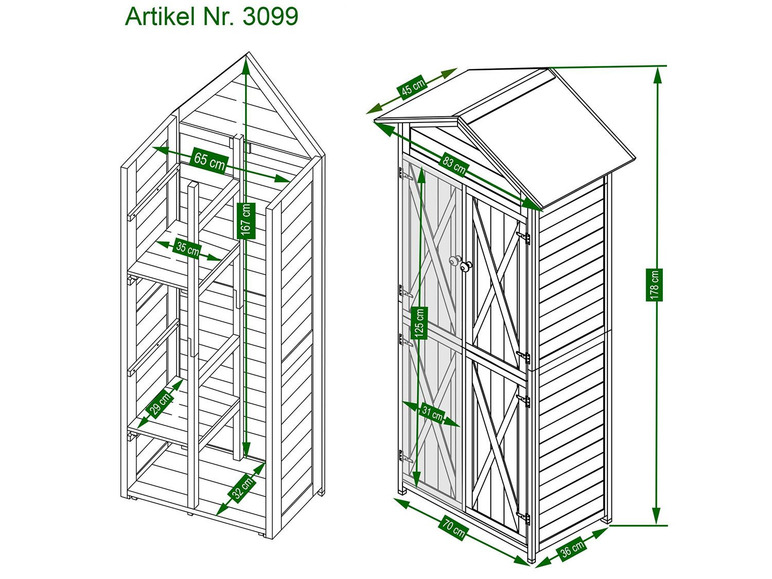Schematische tekening van een houten tuinschuurtje met afmetingen.