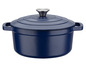 Een blauwe gietijzeren pot met deksel