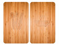 Deux planches en bois avec des images gravées de couverts et un bol