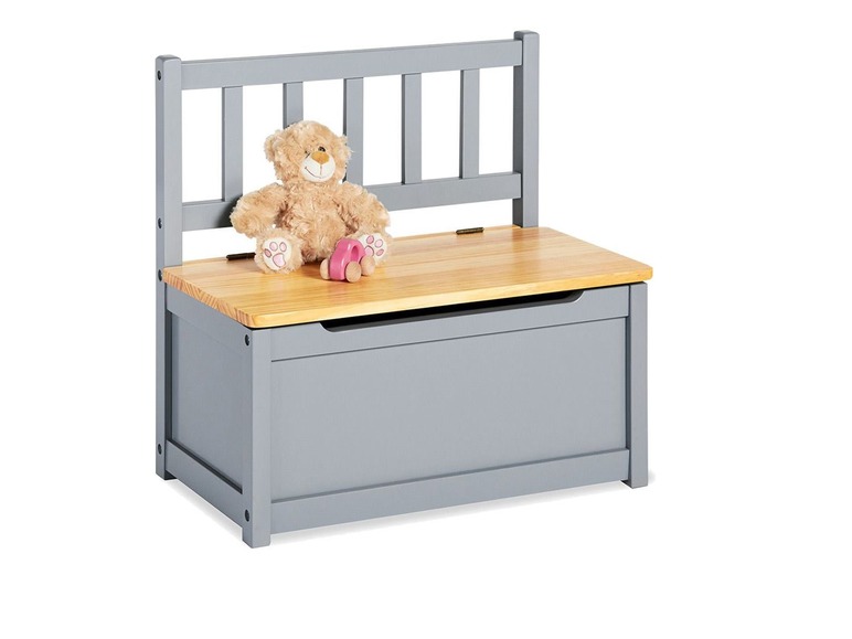 Banc de rangement gris avec siège en bois pour enfants.