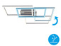Een moderne plafondlamp met vierkante frames in wit en blauw.