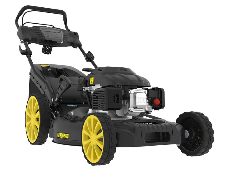 Een zwarte grasmaaier met gele wielen en een Briggs & Stratton motor.