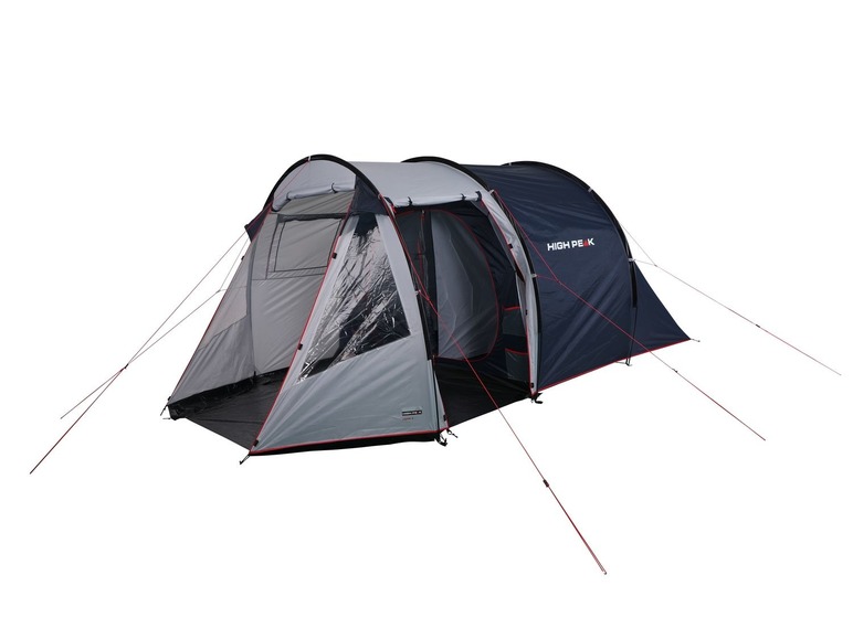 Une tente High Peak grise avec des accents rouges.