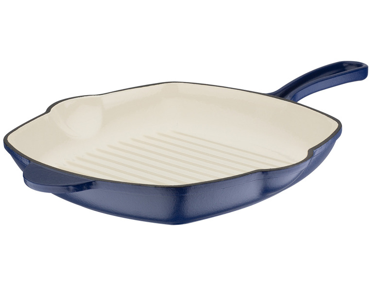 Blauwe gietijzeren grillpan met witte emaille.
