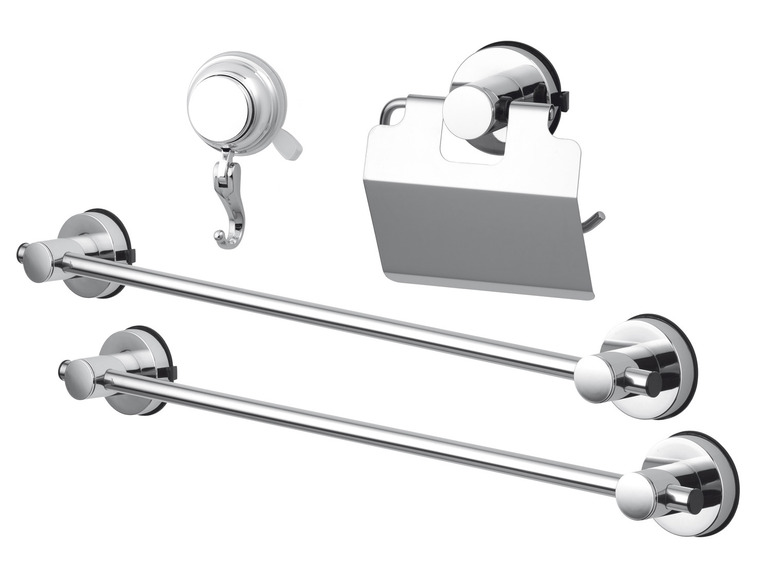 Accessoires de salle de bain avec ventouses : porte-serviettes, porte-rouleau de papier toilette et crochet.