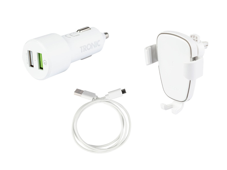 Un chargeur de voiture, un support de téléphone et un câble USB blancs de la marque Tronic.