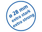 Un cercle bleu avec le texte 'Ø 28 mm extra stark extra strong'.