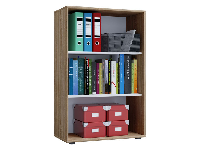 Une étagère avec des classeurs, des livres et des boîtes de rangement.