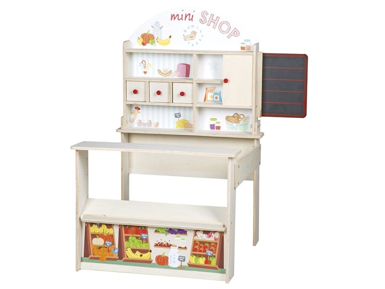 Houten speelgoed winkel met fruit en groenten.