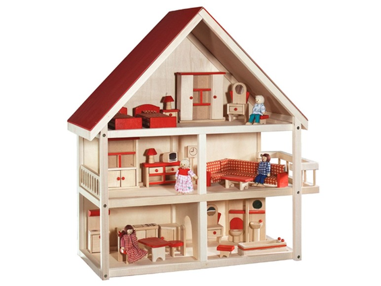 Een houten poppenhuis met rood dak en meubels.