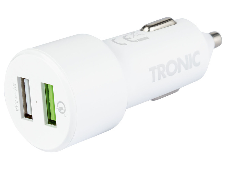 Chargeur de voiture blanc avec deux ports USB de TRONIC.