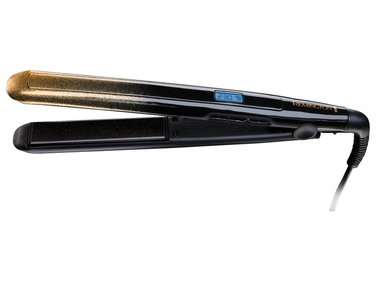 Un lisseur Remington noir avec des détails dorés.