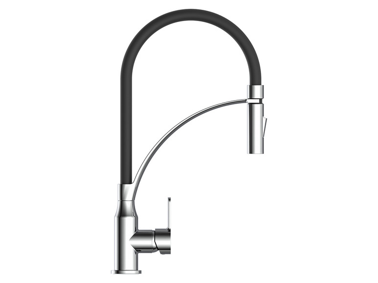Un robinet de cuisine chromé avec un bec flexible noir.