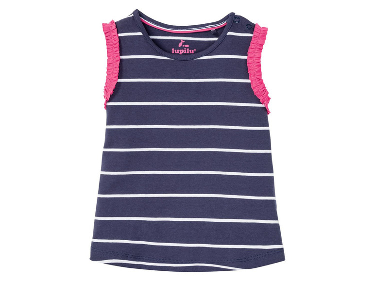 Een gestreept, donkerblauw tanktopje met roze ruches voor meisjes van Lupilu.