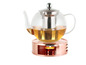Glazen theepot met thee-infuser op een koperen theelichtwarmer.