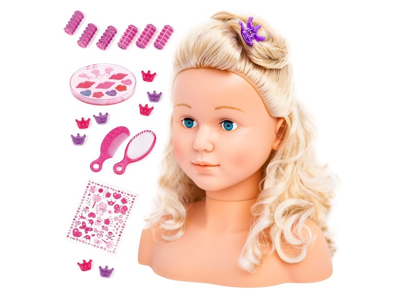 Een blonde pop met een make-up set, haaraccessoires en stickers.