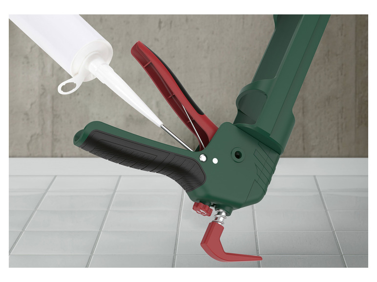 Een groene en rode siliconenpistool met een tube siliconenkit