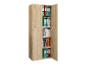 Houtkleurige kantoorkast met ordners en boeken, sommige deuren open.
