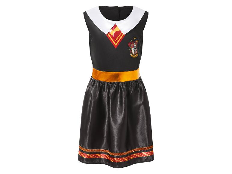 Zwarte Gryffindor jurk met witte kraag, gouden riem en gestreepte zoom