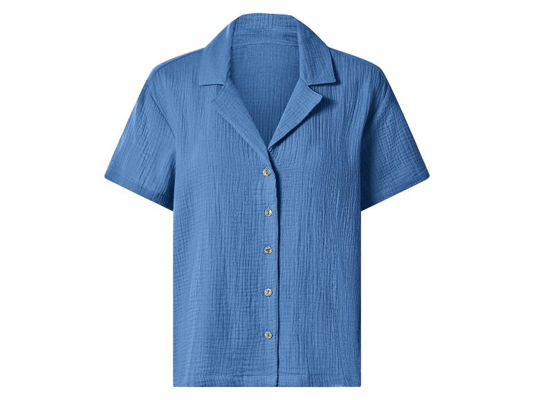 Dames katoenen overhemd met korte mouwen en knopen, in blauw.