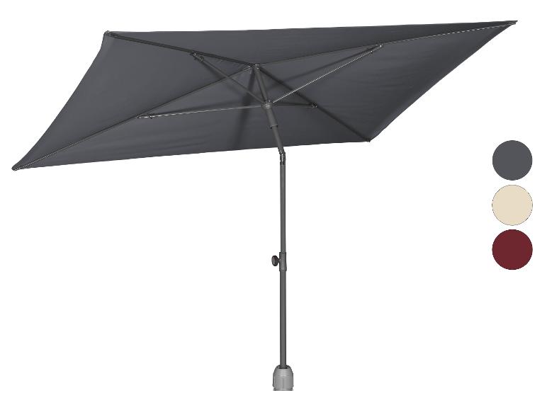 Een grijze parasol met een metalen frame, verkrijgbaar in verschillende kleuren.