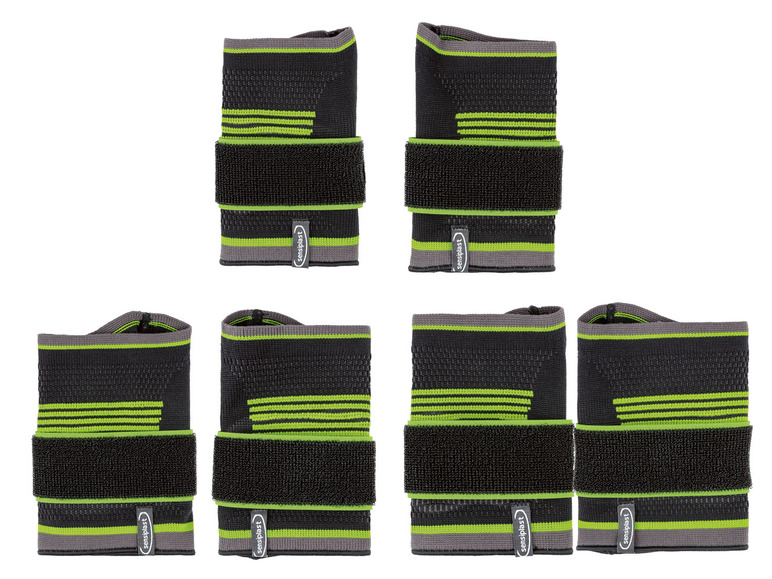 Zes Sensilast polsbandages met groene en zwarte strepen.