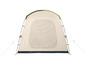 Een beige tent met een donkerblauwe rand.