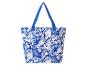 Blauwe tote bag met tropische bloemenprint.