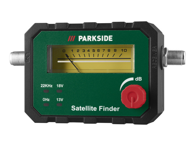 Un détecteur de satellite Parkside vert avec un compteur analogique et deux connecteurs.
