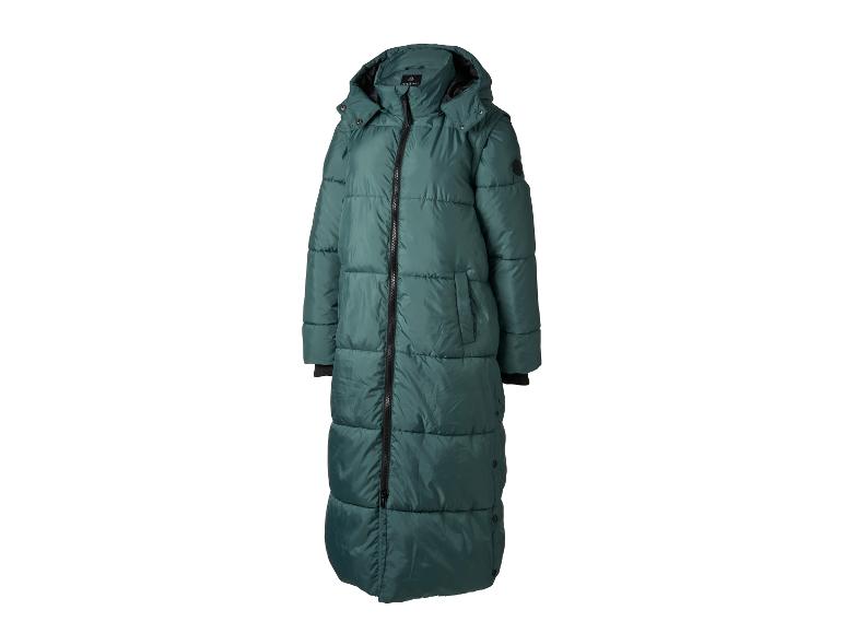 Lange groene Jette Sport pufferjas met capuchon en zwarte rits.