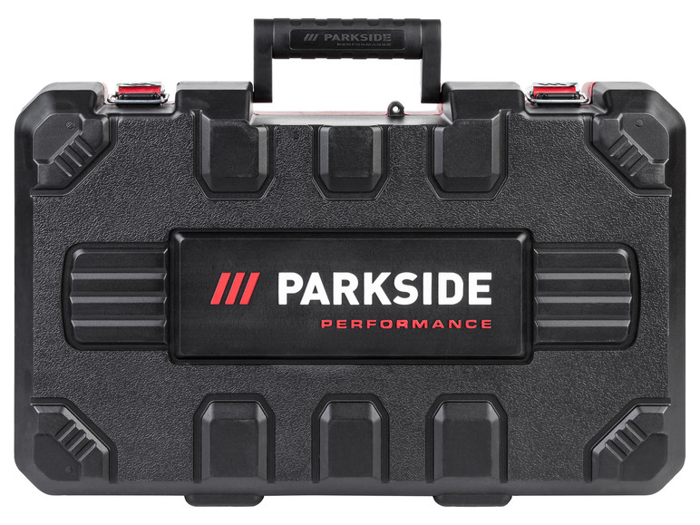 Boîte à outils noire de Parkside avec des accents rouges.