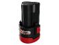 Batterie d'outil électrique 12V noire et rouge avec indicateur de charge et boutons de déverrouillage.