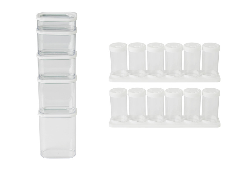 Un ensemble de quatre boîtes de rangement carrées et six pots à épices ronds