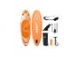 Ensemble de paddleboard gonflable orange avec pompe, pagaie, aileron et accessoires.