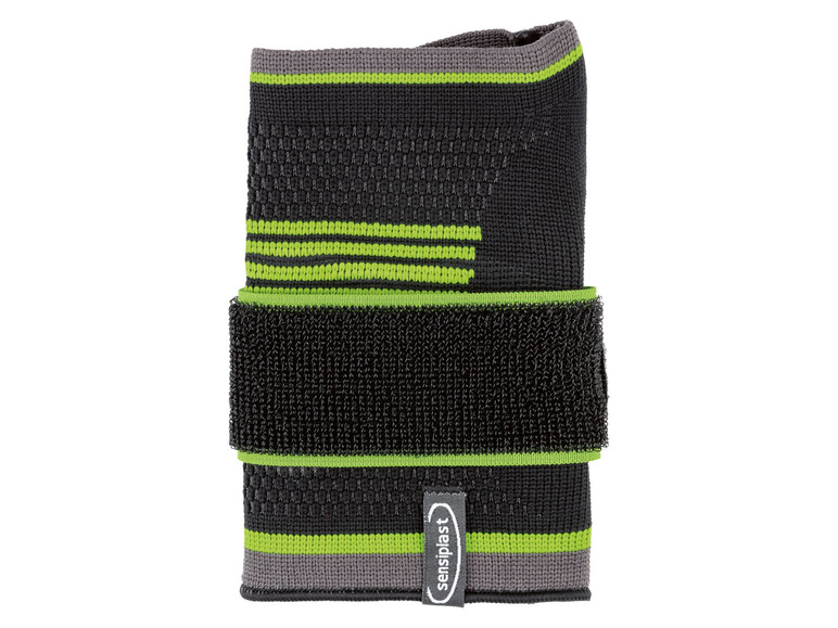 Zwarte polsbandage van Sensoplast met groene accenten.