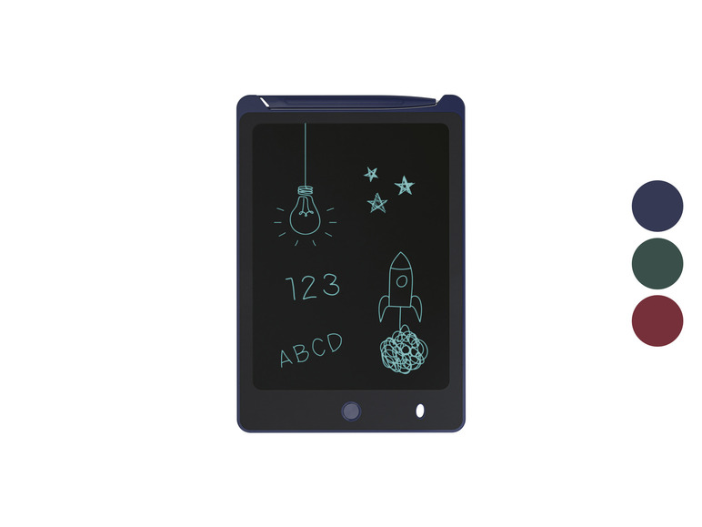 Een donkerblauw LCD-schrijftablet met een lichtblauwe tekening van een lamp, sterren en een raket.