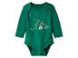 Groene baby romper met lange mouwen en kerstdinosaurusprint.