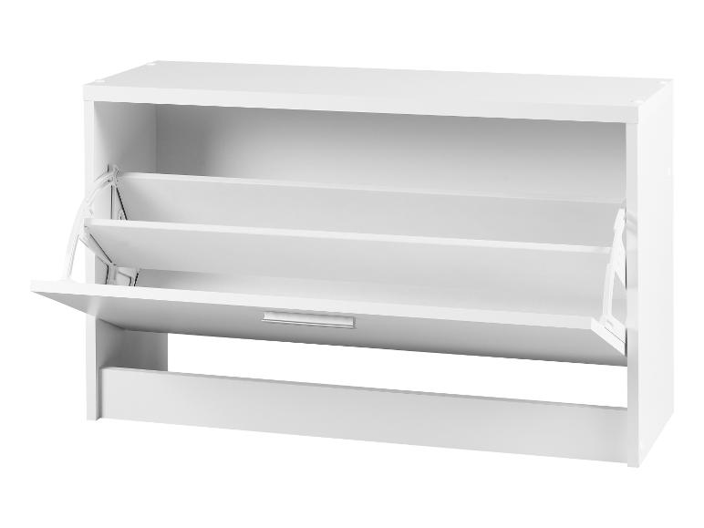 Une armoire à chaussures blanche avec deux étagères ouvertes.