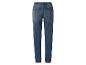 Joggers en jean bleu pour femme avec taille et chevilles élastiques.