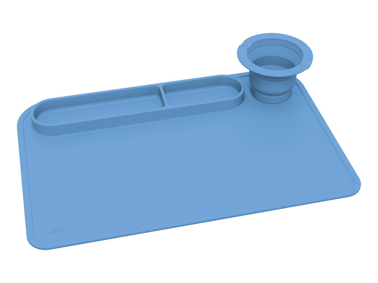 Un tapis de table en silicone bleu avec un porte-gobelet de Crelando.