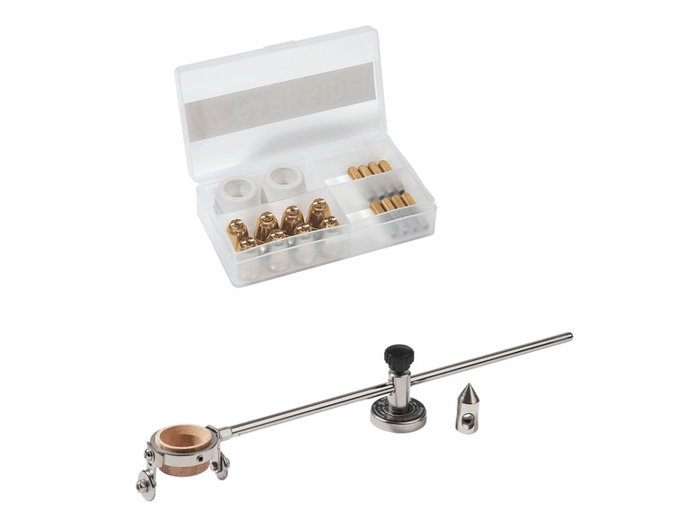 Een set met een cirkeltekenaar en accessoires in een doos.