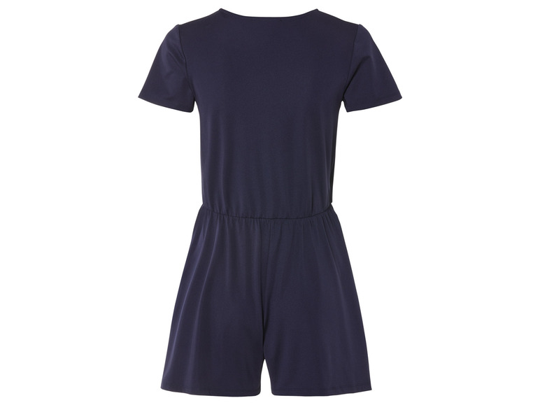 Een donkerblauwe jumpsuit met korte mouwen.