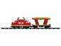 Rode en gele speelgoedtrein met locomotief en wagon op rails.